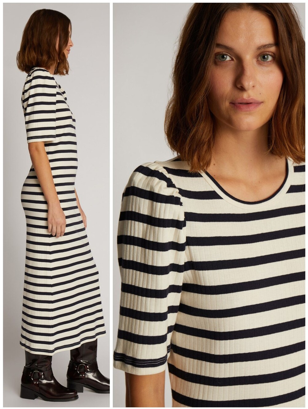 MUNTHE Ribbed Cream Navy Midi Puff Sleeve Oran Dress, 8